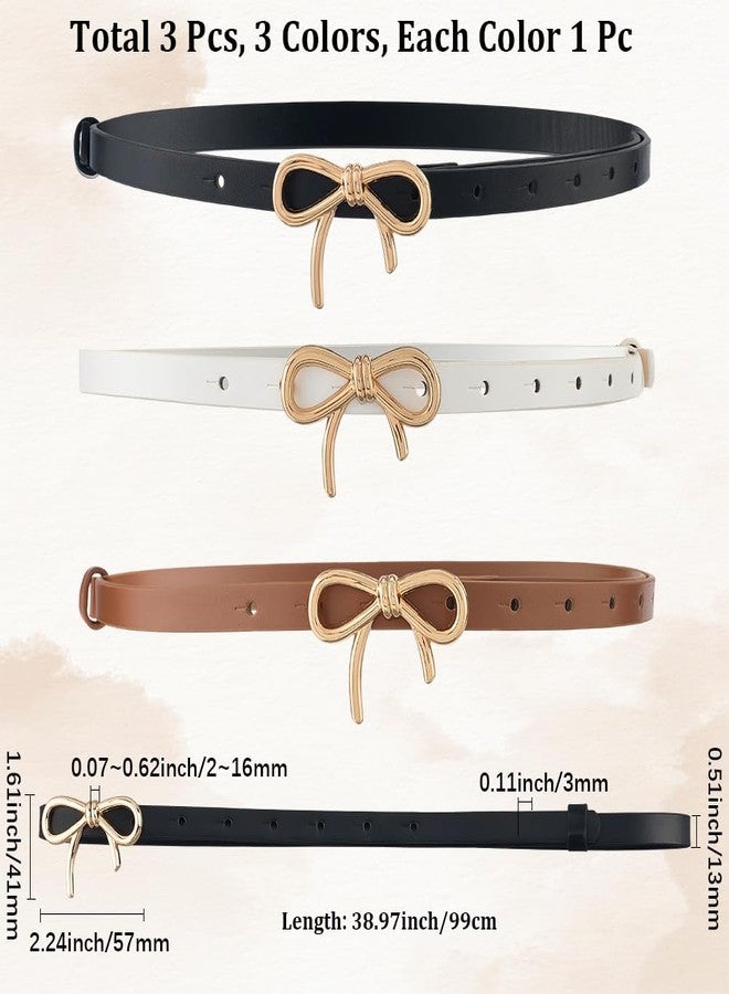 CALFOVERA 3 Colors PU Leather Bow Skinny Belts Adjustable 0.5 Inch Width Thin Waist Belt with Gold Alloy Bowknot Buckle Elegantes Slim Leather Waist Strap for Women Ladies Dresses Jeans Pants - Image 2